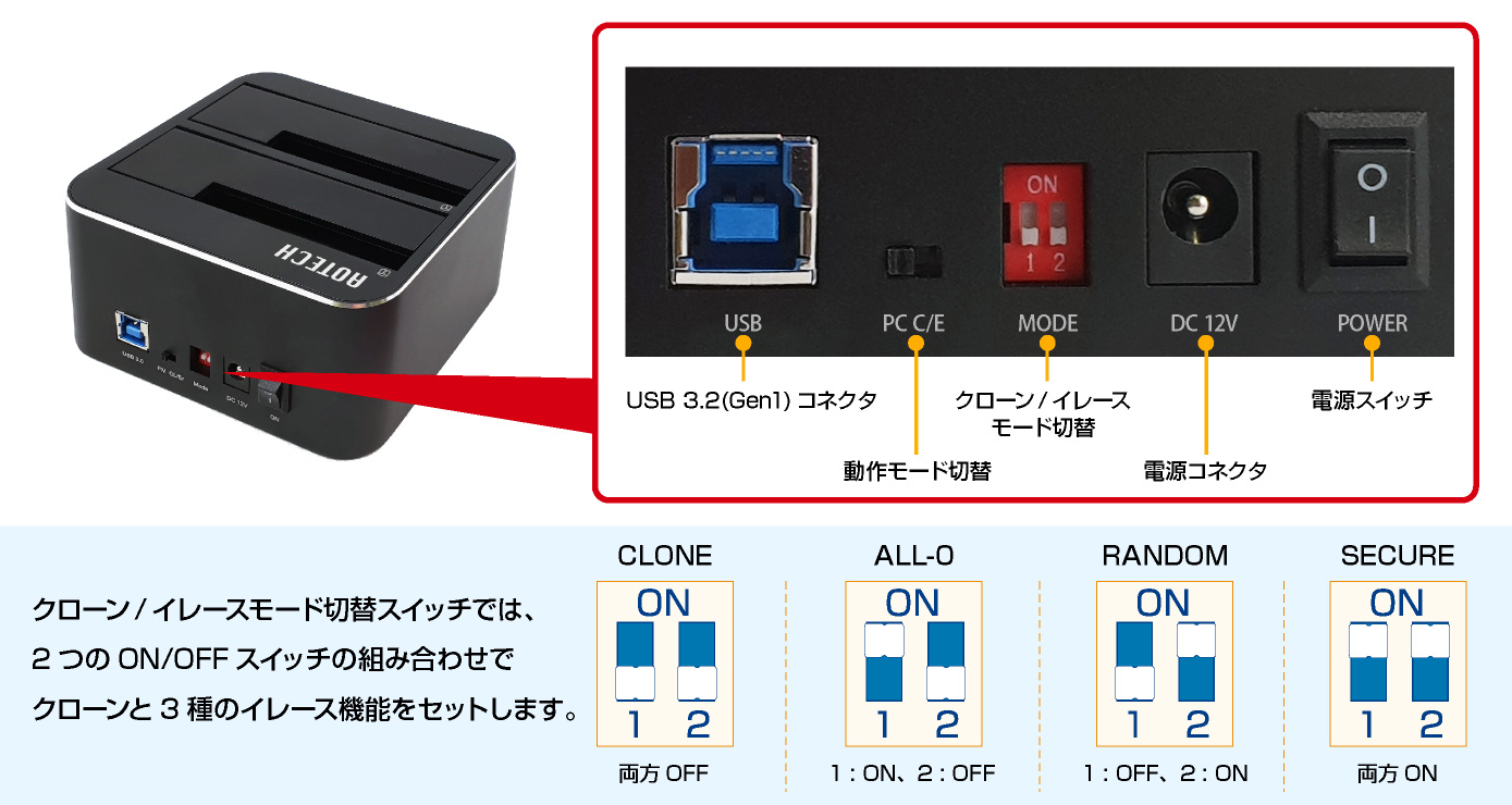 アオテック HDD/SSDクローン&イレーススタンド AOK-ERASECLONE-U3 