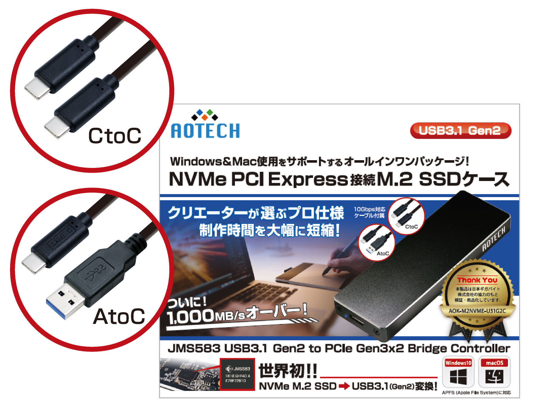 アルミ製冷却設計Type-Cコネクタ NVMe（PCI Express接続タイプ） M.2
